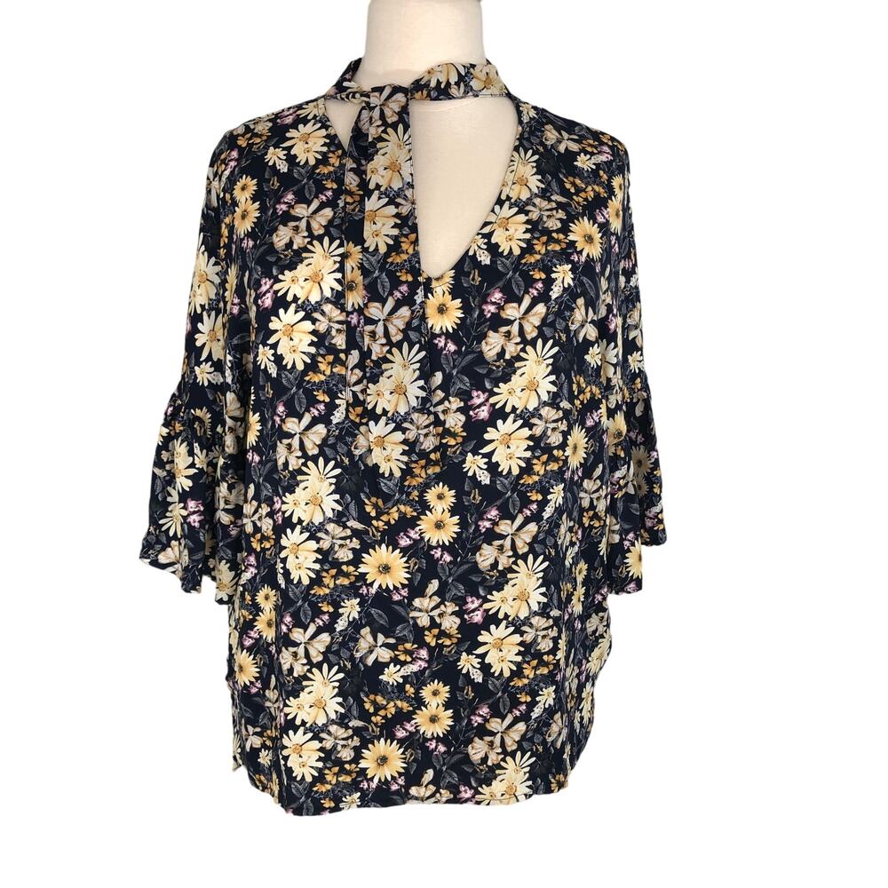 Suzanne Betro Chiffon Blouse V Neck Flounce Bell Sleeves Daisy Floral Size 3X